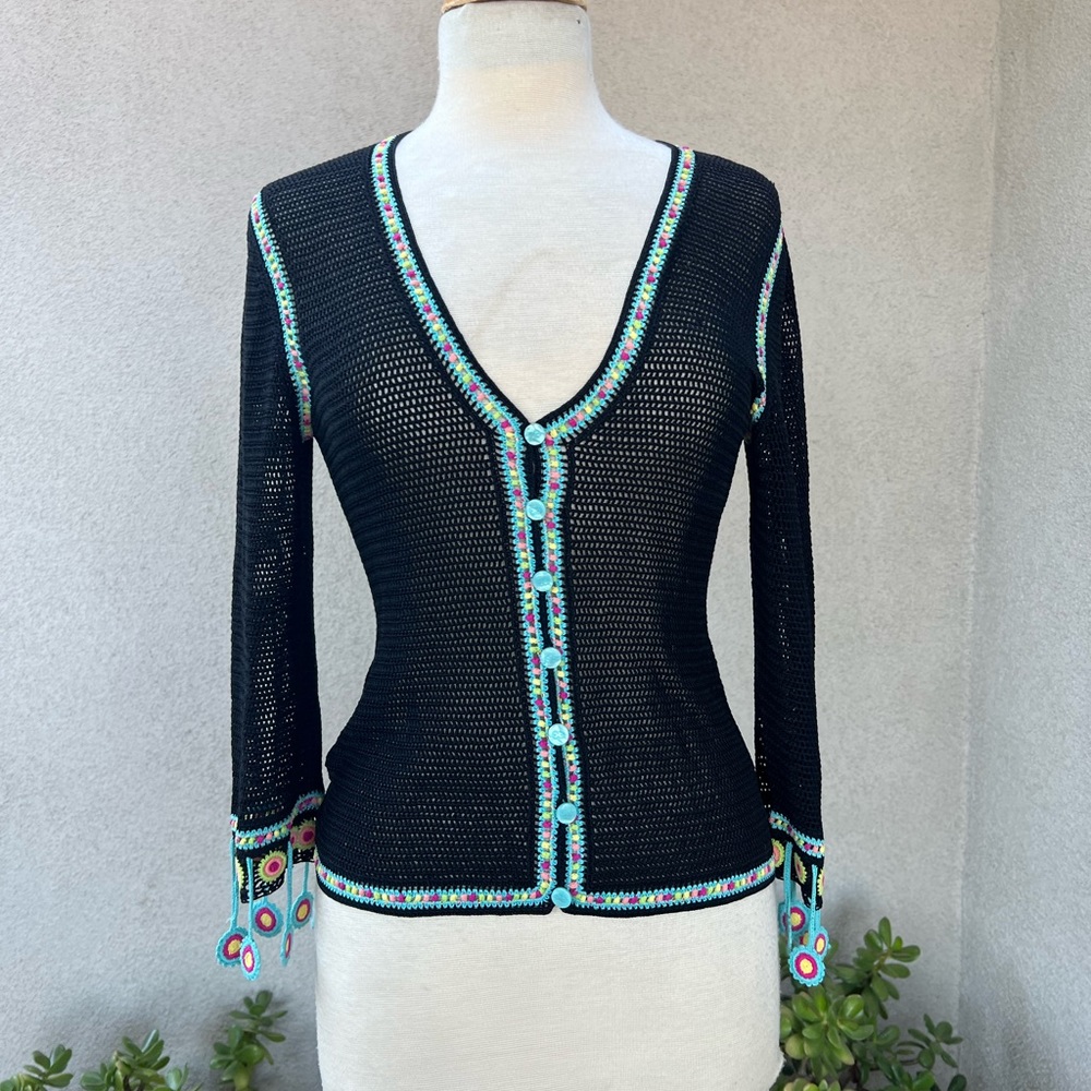 Escada black mesh cardigan with embroidery aqua tassels Sz Small 34